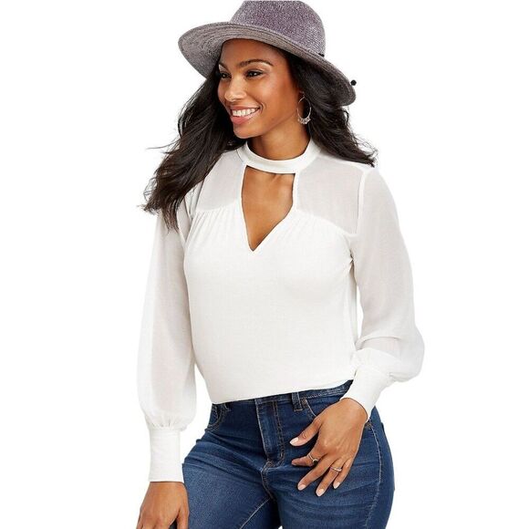 Maurices Womens Chiffon Blouse M White Keyhole Neck Sheer Office Chic Elegant - Picture 1 of 7